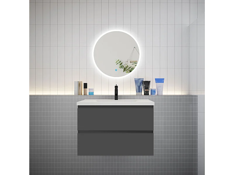 AICA Ensemble meuble de salle de bain Vasque L.79cm 2 tiroirs + lavabo + LED Miroir Rond 60cm, Anthracite
