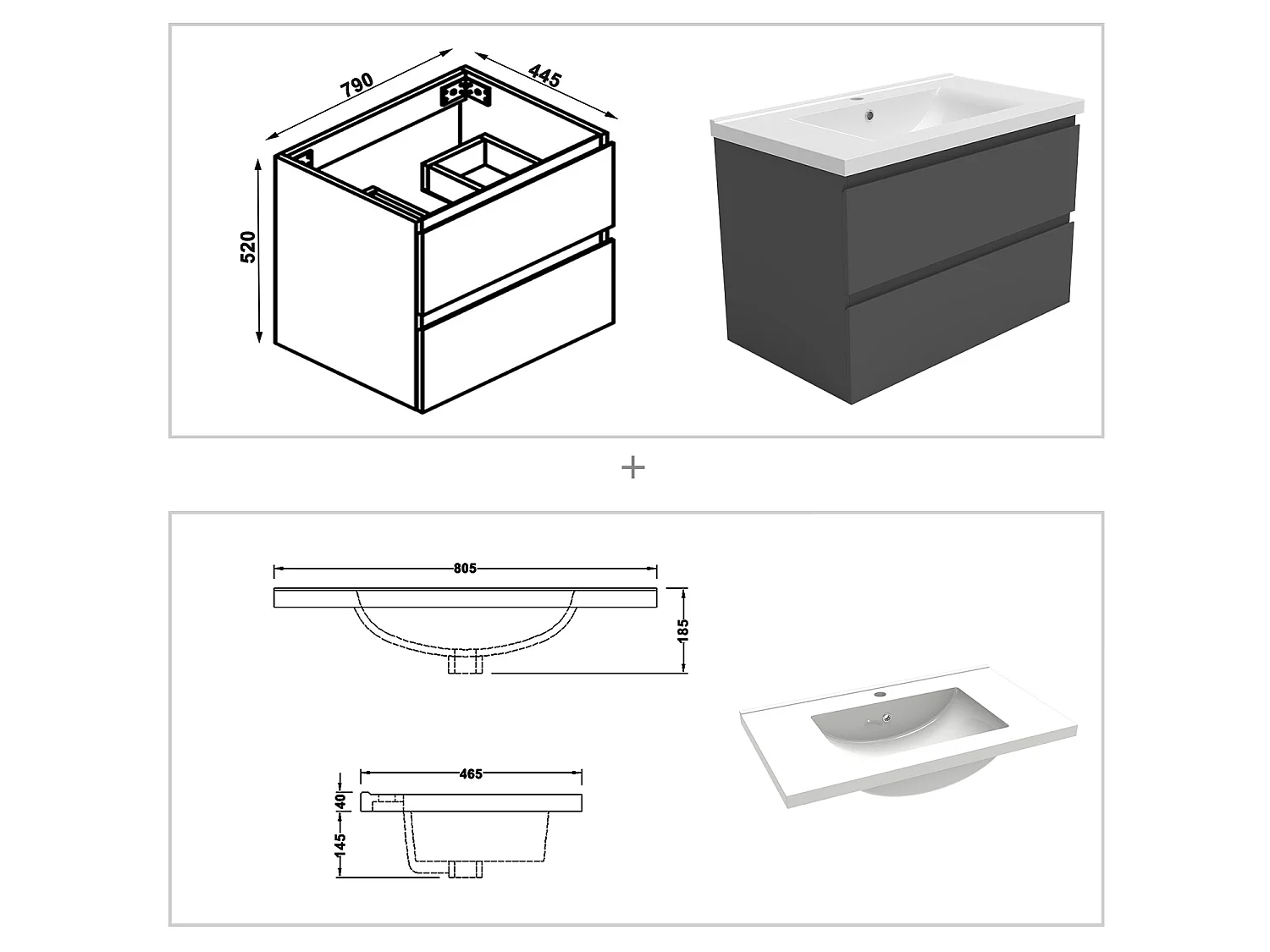 Ensemble meuble vasque L.79cm 2 tiroirs + lavabo + LED miroir rond 60cm,anthracite