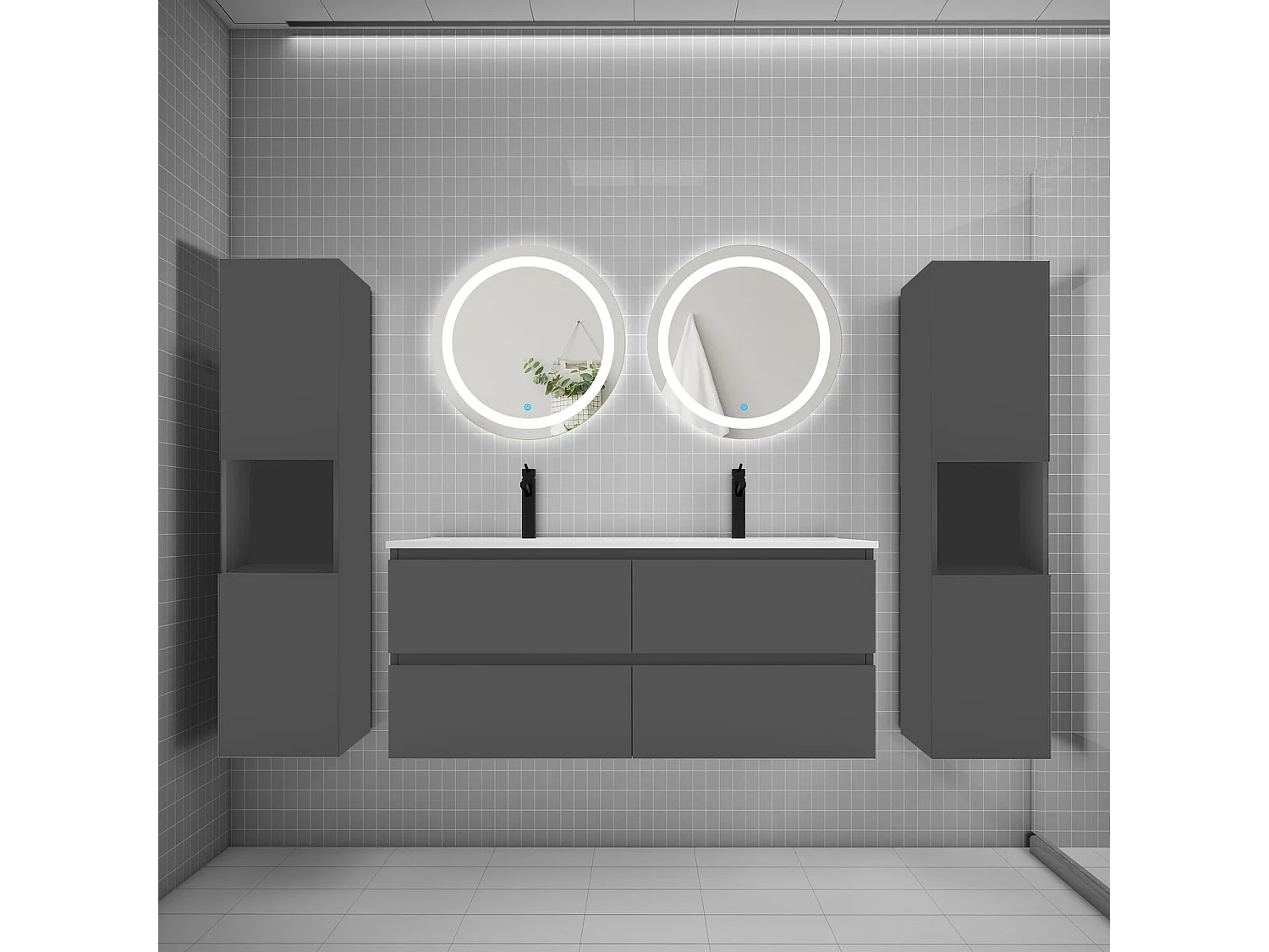 Ensemble meuble double vasque L.120cm 4 tiroirs + lavabo + 2*LED miroirs rond 60cm + 2*colonne,anthracite,aica
