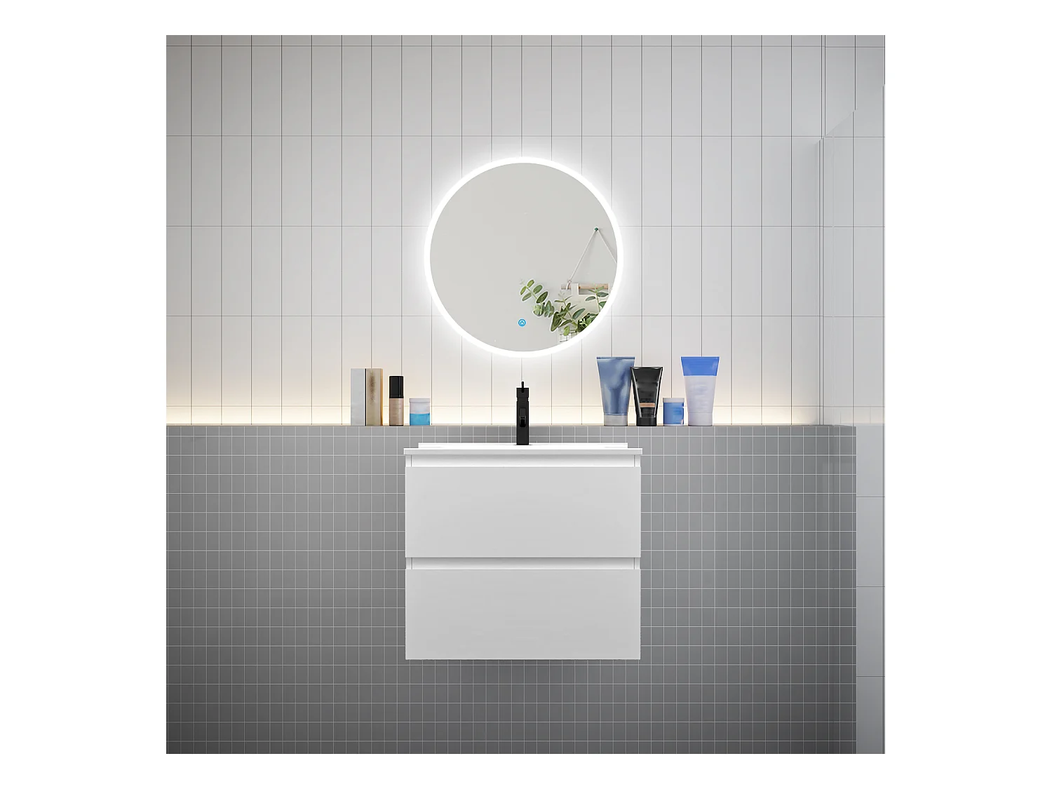 AICA Ensemble meuble de salle de bain Vasque L.60cm 2 tiroirs + lavabo + LED Miroir Rond 60cm,Blanc