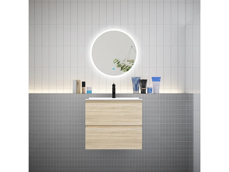 AICA Ensemble meuble de salle de bain Vasque L.60cm 2 tiroirs + lavabo + LED Miroir Rond 60cm, Chêne