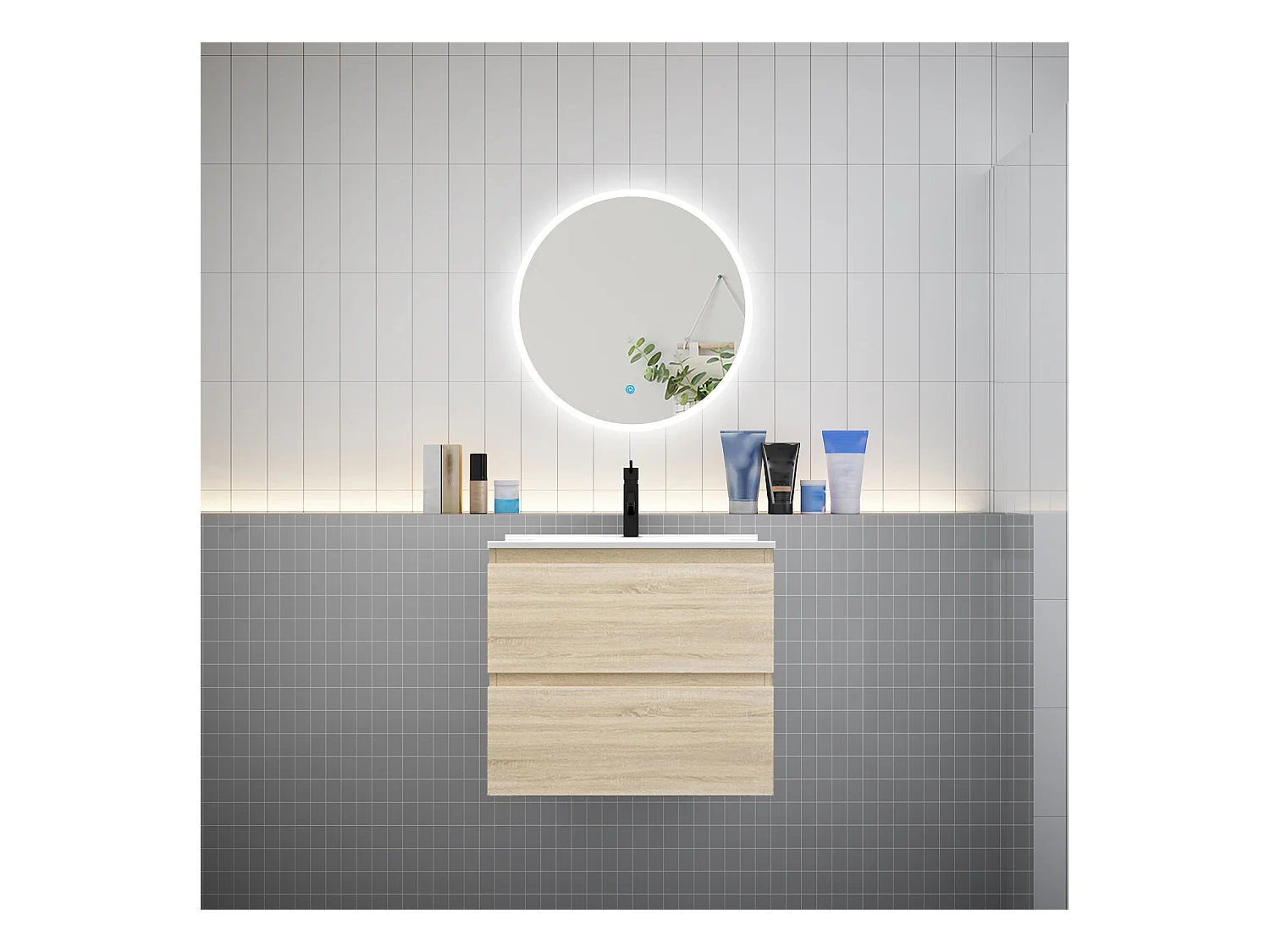 AICA Ensemble meuble de salle de bain Vasque L.60cm 2 tiroirs + lavabo + LED Miroir Rond 60cm, Chêne