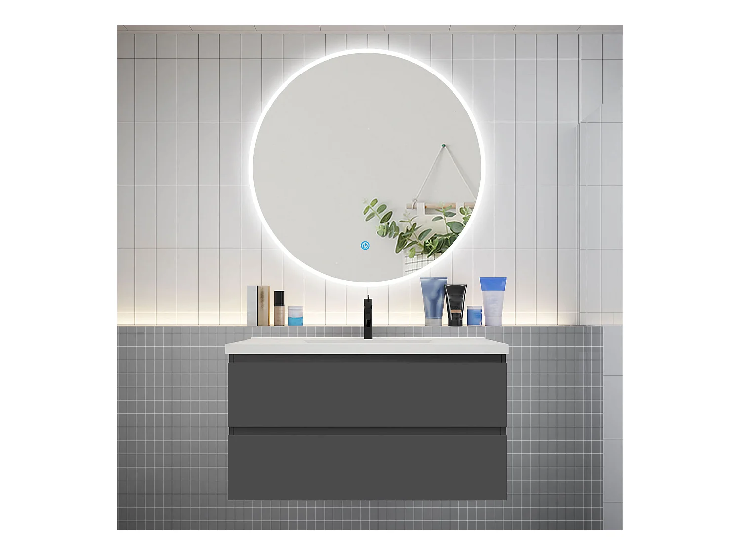 AICA Ensemble meuble de salle de bain Vasque L.99cm 2 tiroirs + lavabo + LED Miroir Rond 100cm, Anthracite