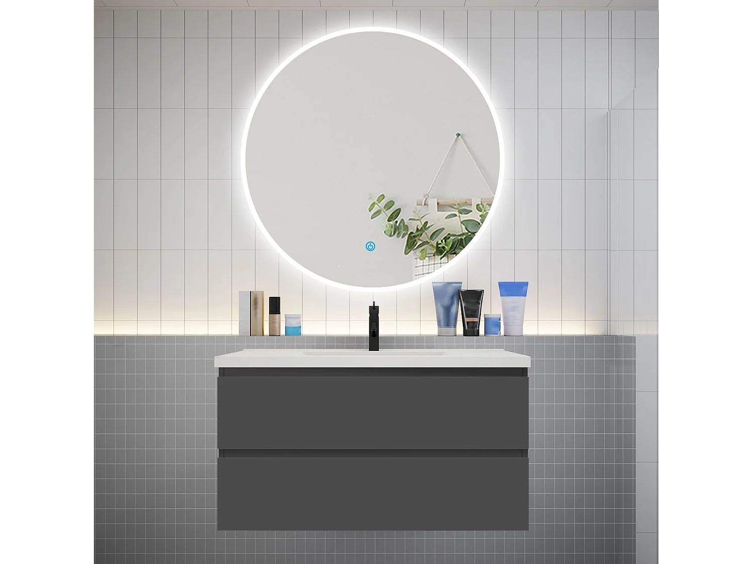 Ensemble meuble vasque L.99cm 2 tiroirs + lavabo + LED miroir rond 100cm,anthracite，easy