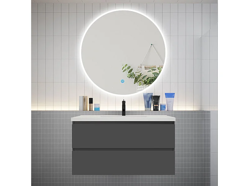 Ensemble meuble vasque L.99cm 2 tiroirs + lavabo + LED miroir rond 100cm,anthracite，easy