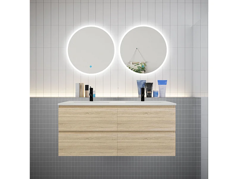 AICA Ensemble meuble de salle de bain double Vasque L.120cm 4 tiroirs + lavabo + 2*LED Miroirs Rond 60cm, Chêne