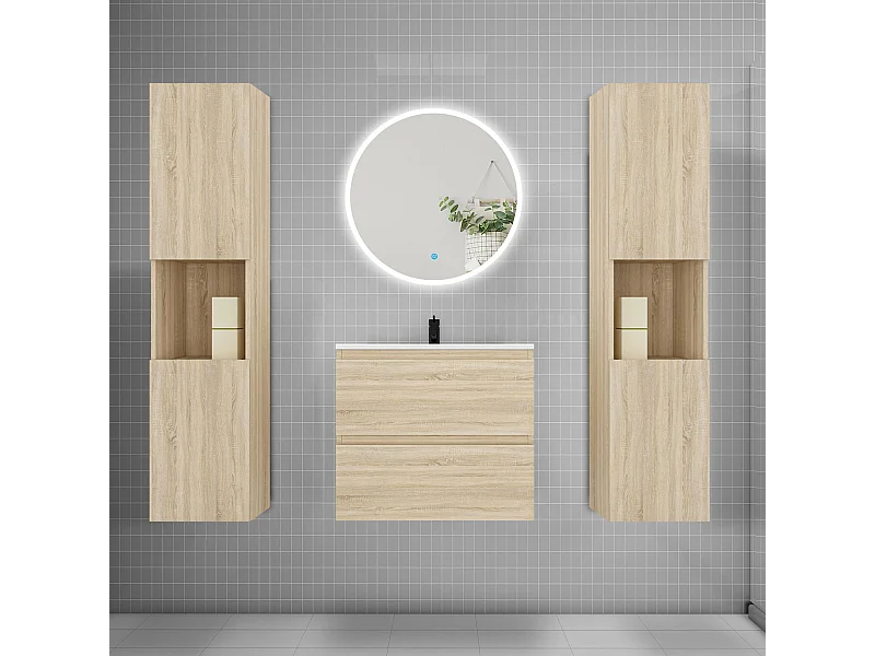 Ensemble meuble vasque L.60cm 2 tiroirs + lavabo + LED miroir rond 60cm + 2*colonne,chêne A