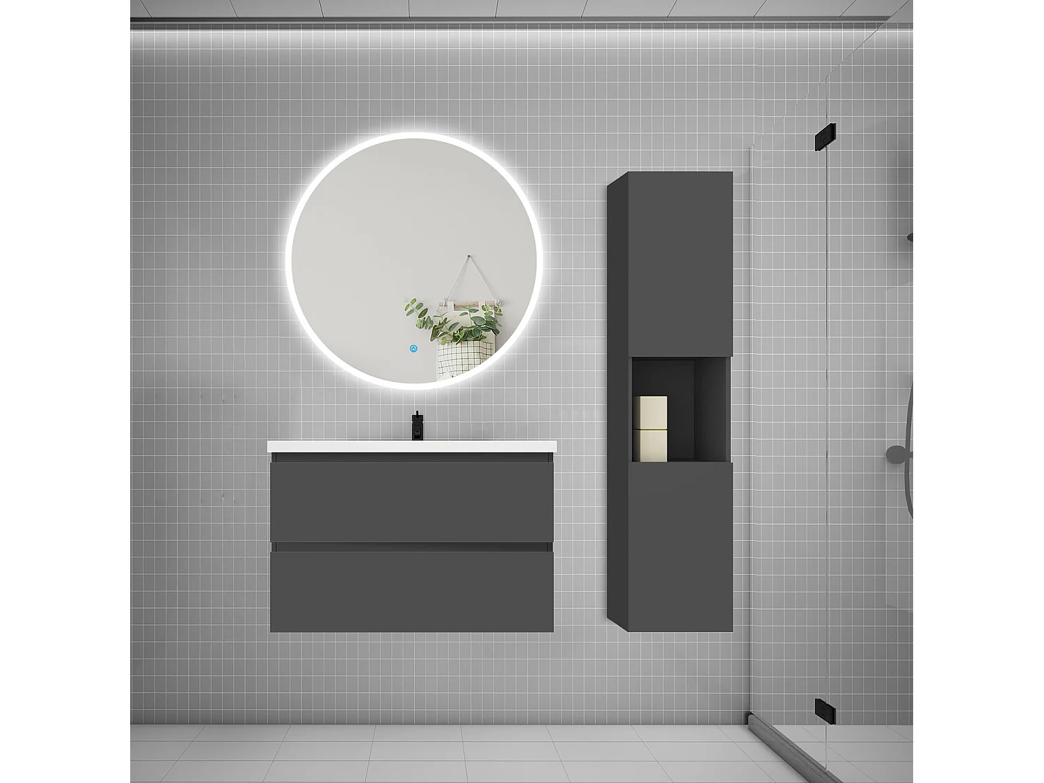 AICA Ensemble meuble vasque L.79cm 2 tiroirs + lavabo + LED miroir rond 90cm + colonne,anthracite