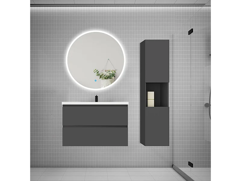AICA Ensemble meuble vasque L.79cm 2 tiroirs + lavabo + LED miroir rond 90cm + colonne,anthracite