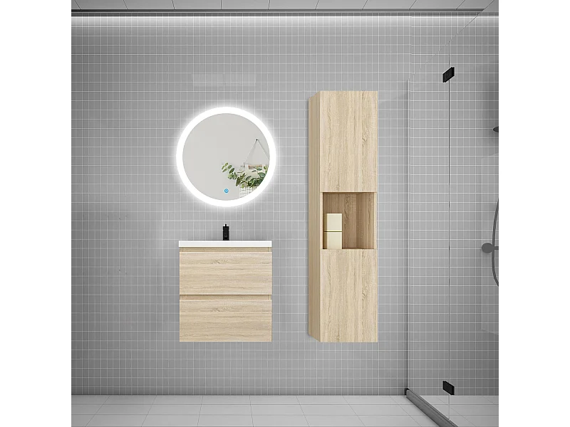 AICA Ensemble meuble de salle de bain Vasque L.50cm 2 tiroirs + lavabo + LED Miroir Rond 60cm + Colonne, Chêne