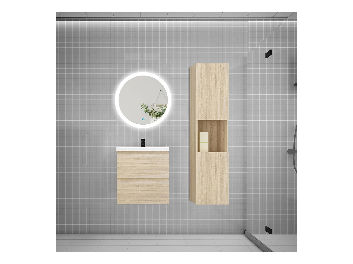 AICA Ensemble meuble de salle de bain Vasque L.50cm 2 tiroirs + lavabo + LED Miroir Rond 60cm + Colonne, Chêne