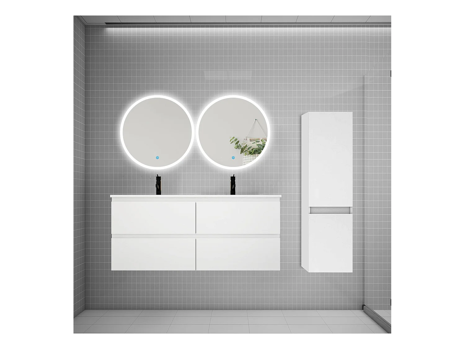 AICA Ensemble meuble de salle de bain double Vasque L.120cm 4 tiroirs + lavabo + 2*LED Miroirs Rond 60cm + Colonne,Blanc