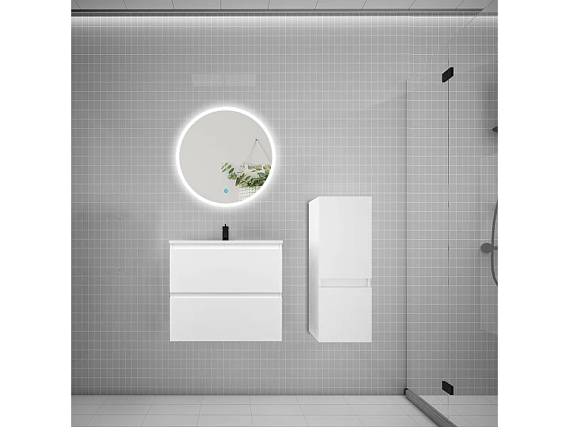 AICA Ensemble meuble de salle de bain Vasque L.60cm 2 tiroirs + lavabo + LED Miroir Rond 60cm + Colonne,Blanc