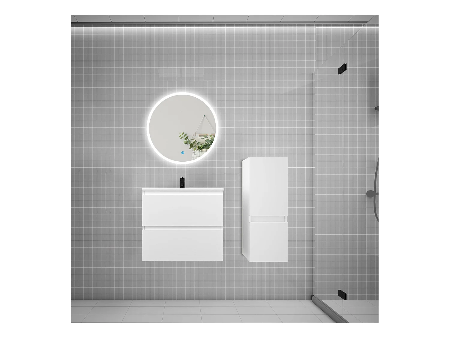AICA Ensemble meuble de salle de bain Vasque L.60cm 2 tiroirs + lavabo + LED Miroir Rond 60cm + Colonne,Blanc