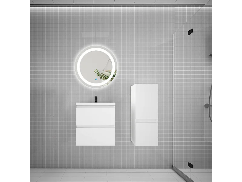 Ensemble meuble vasque L.50cm 2 tiroirs + lavabo + LED miroir rond 60cm + colonne,blanc,style