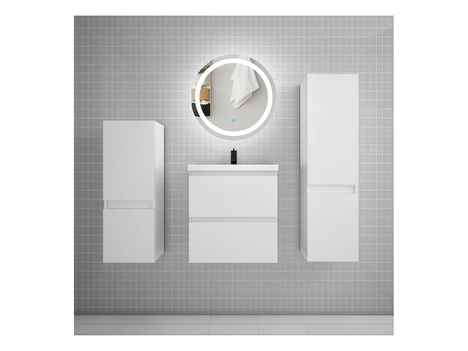 AICA Ensemble meuble de salle de bain Vasque 50cm + 2 tiroirs + lavabo + LED Miroir 60cm + 2*Colonne,Blanc