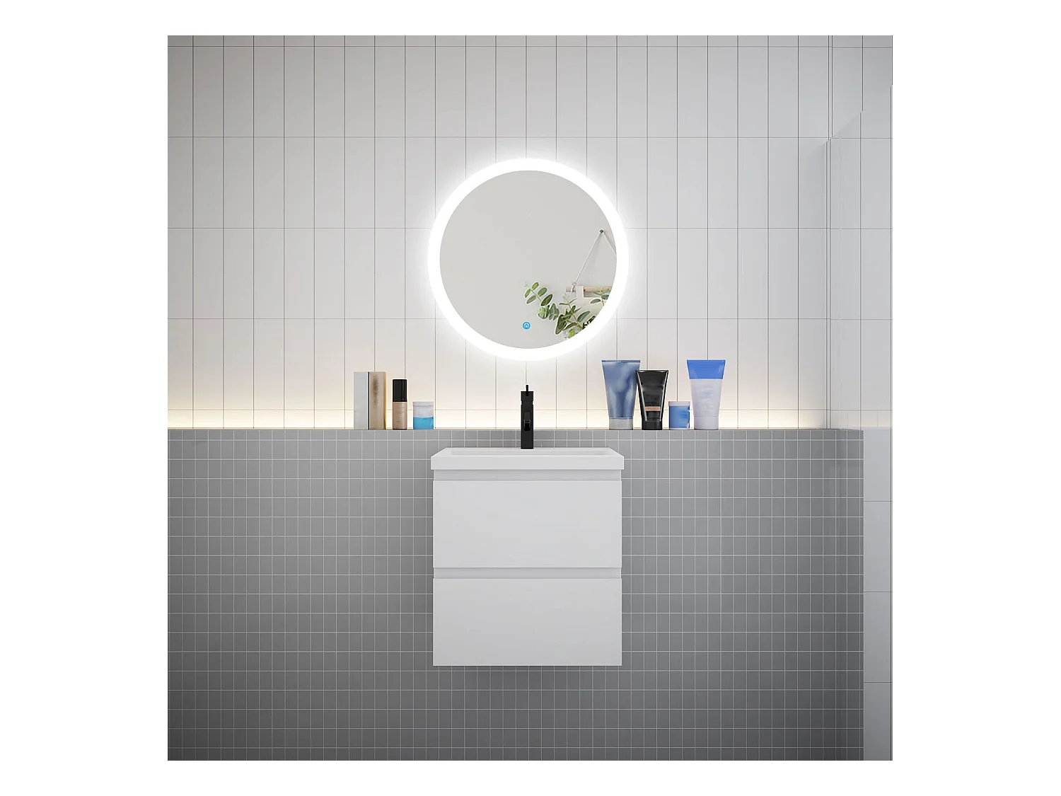 AICA Ensemble meuble de salle de bain Vasque 50cm + 2 tiroirs + lavabo + LED Miroir Rond 60cm,Blanc