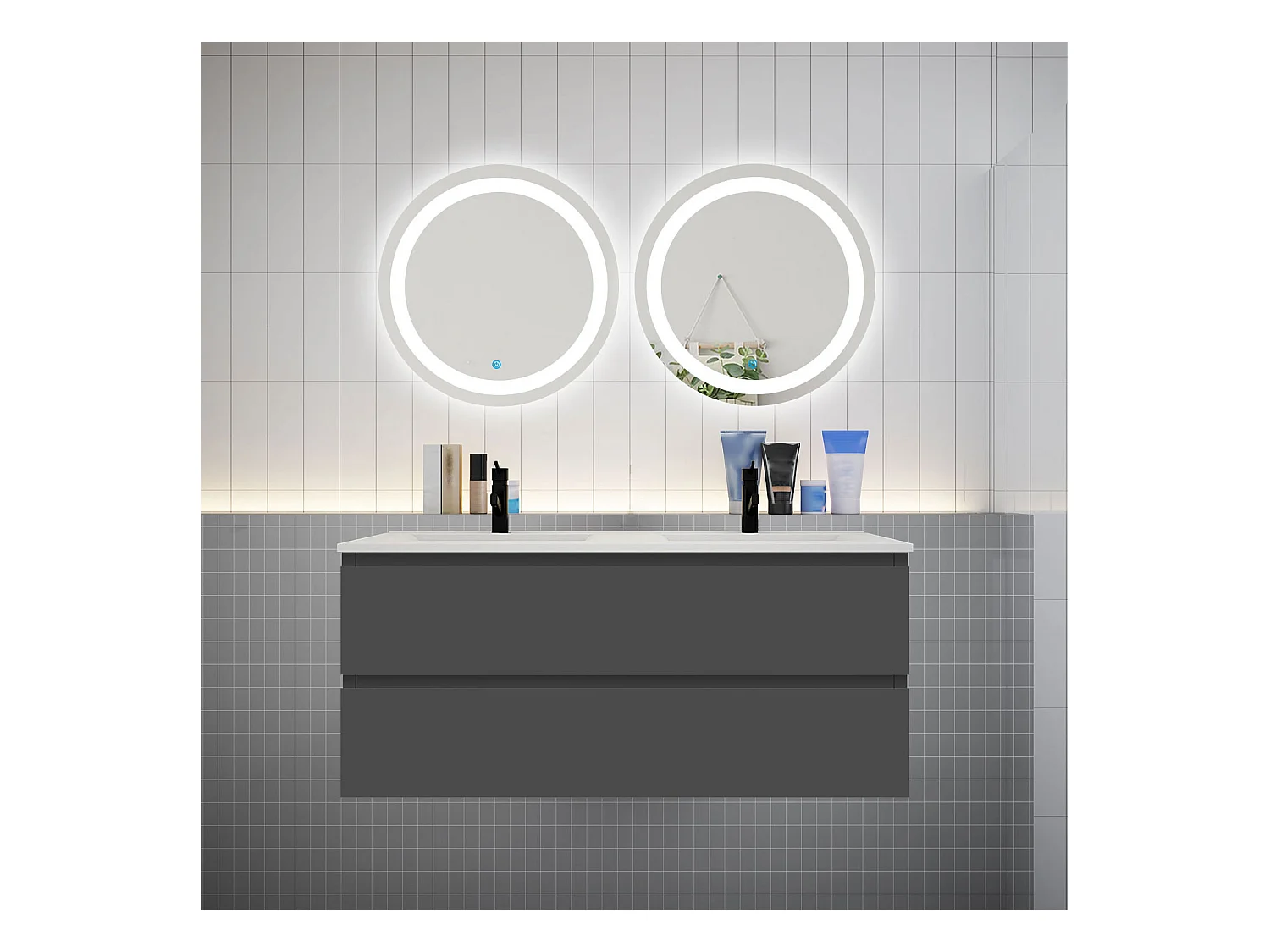 AICA Ensemble meuble de salle de bain double Vasque 120cm + 4 tiroirs + lavabo + 2*LED Miroirs Rond 60cm, Anthracite