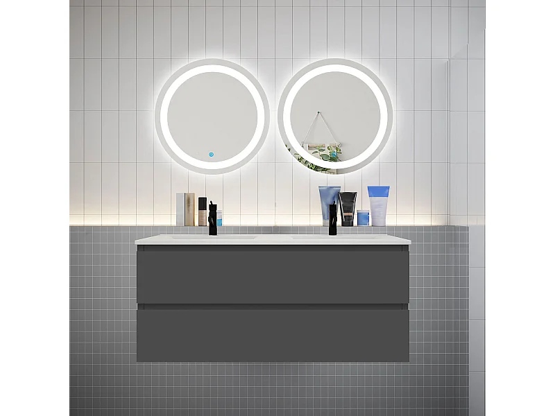 Ensemble meuble double vasque L.120cm 4 tiroirs + lavabo + 2 LED miroirs rond 60cm,anthracite，aica sanitaire