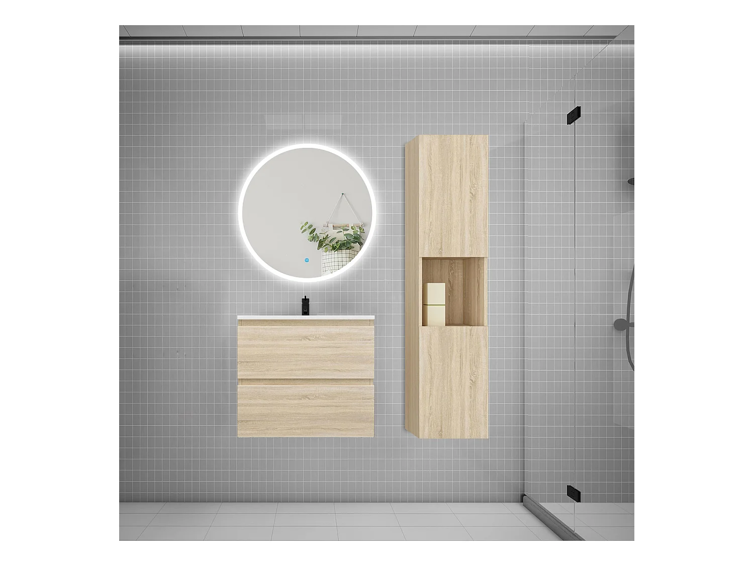 AICA Ensemble meuble de salle de bain Vasque L.60cm 2 tiroirs + lavabo + LED Miroir Rond 70cm + Colonne, Chêne