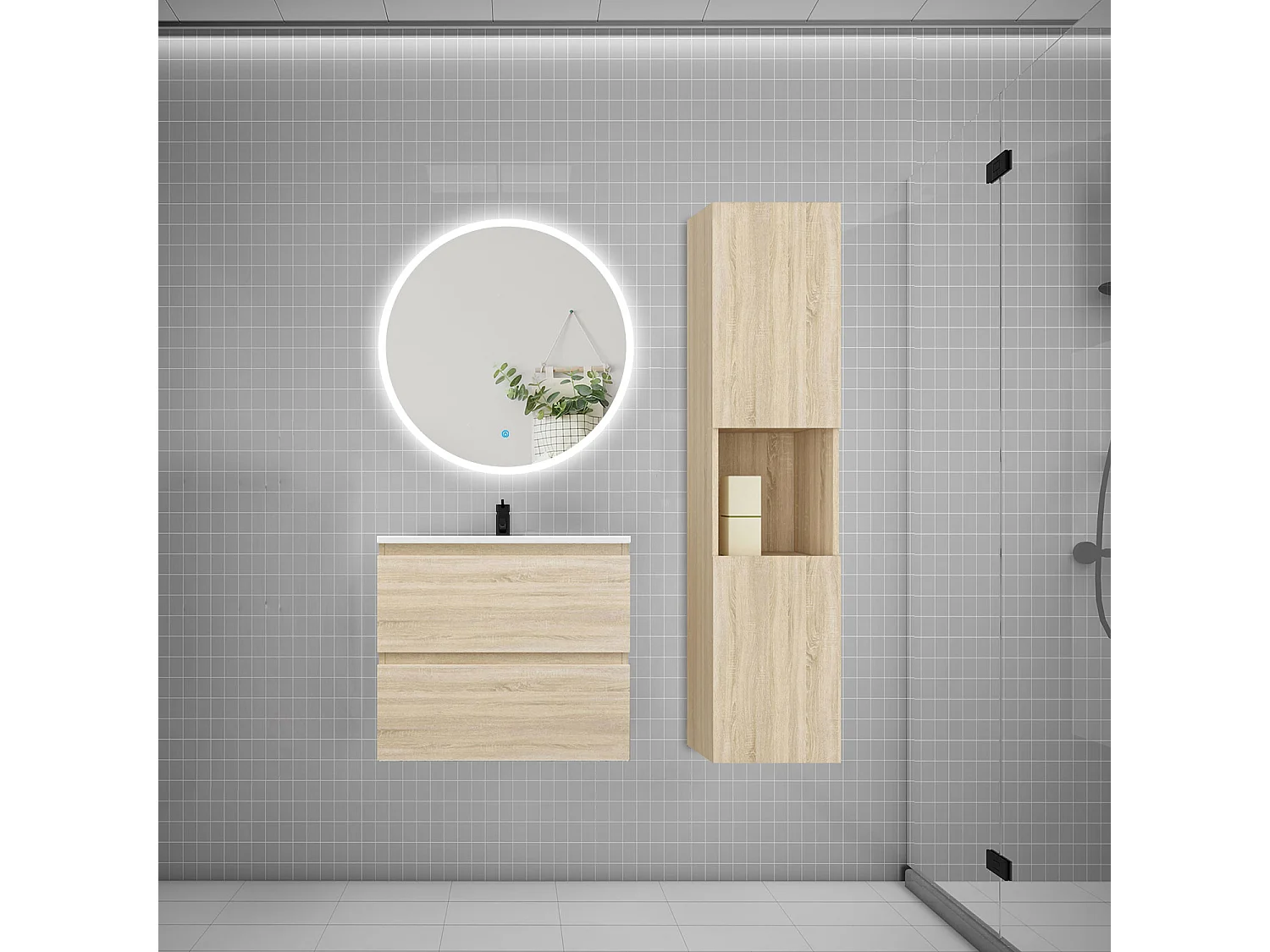 AICA Ensemble meuble vasque L.60cm 2 tiroirs + lavabo + LED miroir rond 70cm + colonne,chêne
