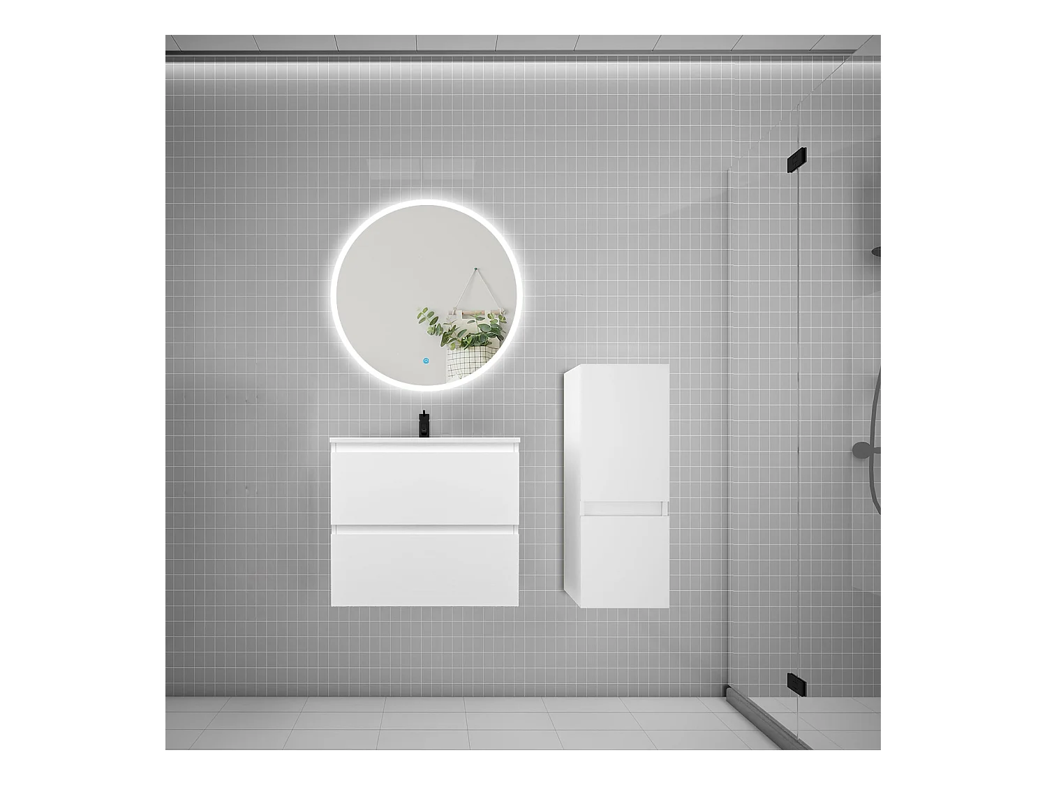 AICA Ensemble meuble de salle de bain Vasque L.60cm 2 tiroirs + lavabo + LED Miroir Rond 70cm + Colonne,Blanc