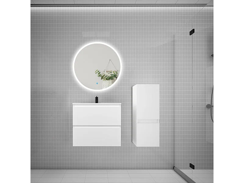Ensemble meuble vasque L.60cm 2 tiroirs + lavabo + LED miroir rond 70cm + colonne,blanc