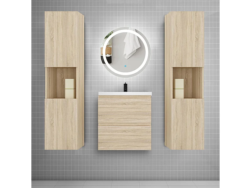 AICA Ensemble meuble de salle de bain Vasque 50cm avec 2 tiroirs + lavabo + LED Miroir Rond 60cm + 2*Colonne, Anthracite