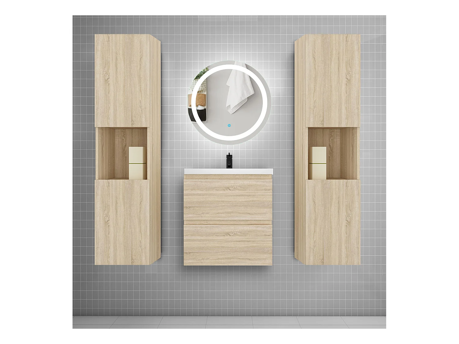 AICA Ensemble meuble de salle de bain Vasque 50cm avec 2 tiroirs + lavabo + LED Miroir Rond 60cm + 2*Colonne, Anthracite