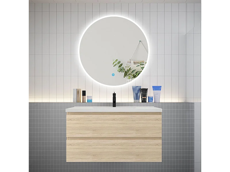 AICA Ensemble meuble de salle de bain Vasque L.99cm 2 tiroirs + lavabo + LED Miroir Rond 90cm, Chêne