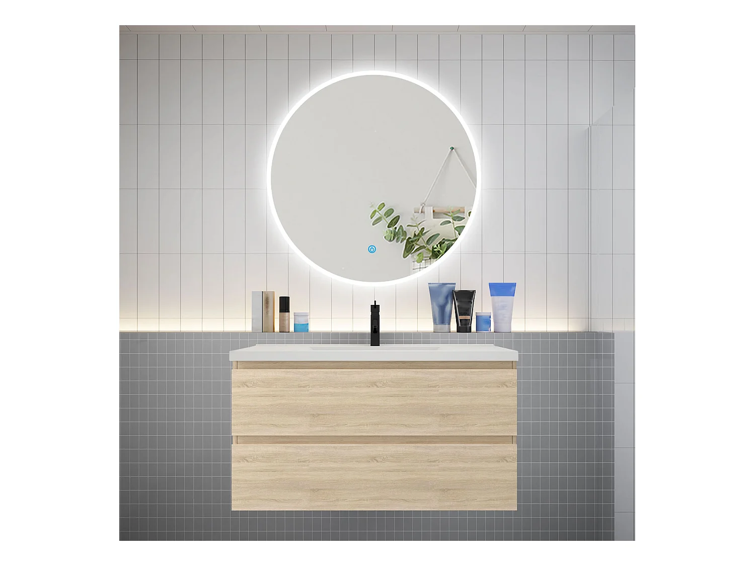 AICA Ensemble meuble de salle de bain Vasque L.99cm 2 tiroirs + lavabo + LED Miroir Rond 90cm, Chêne