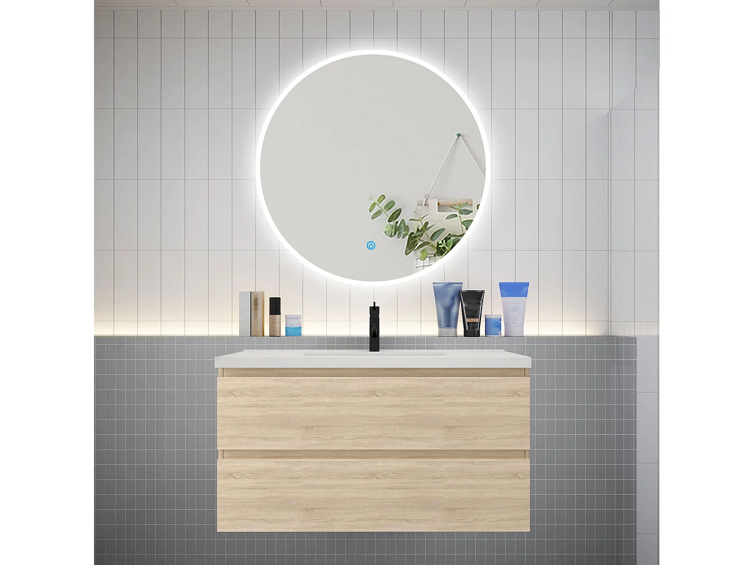 Ensemble meuble vasque L.99cm 2 tiroirs + lavabo + LED miroir rond 90cm,chêne，easy