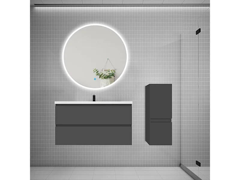 AICA Ensemble meuble de salle de bain Vasque L.99cm 2 tiroirs + lavabo + LED Miroir Rond 100cm + Colonne, Anthracite