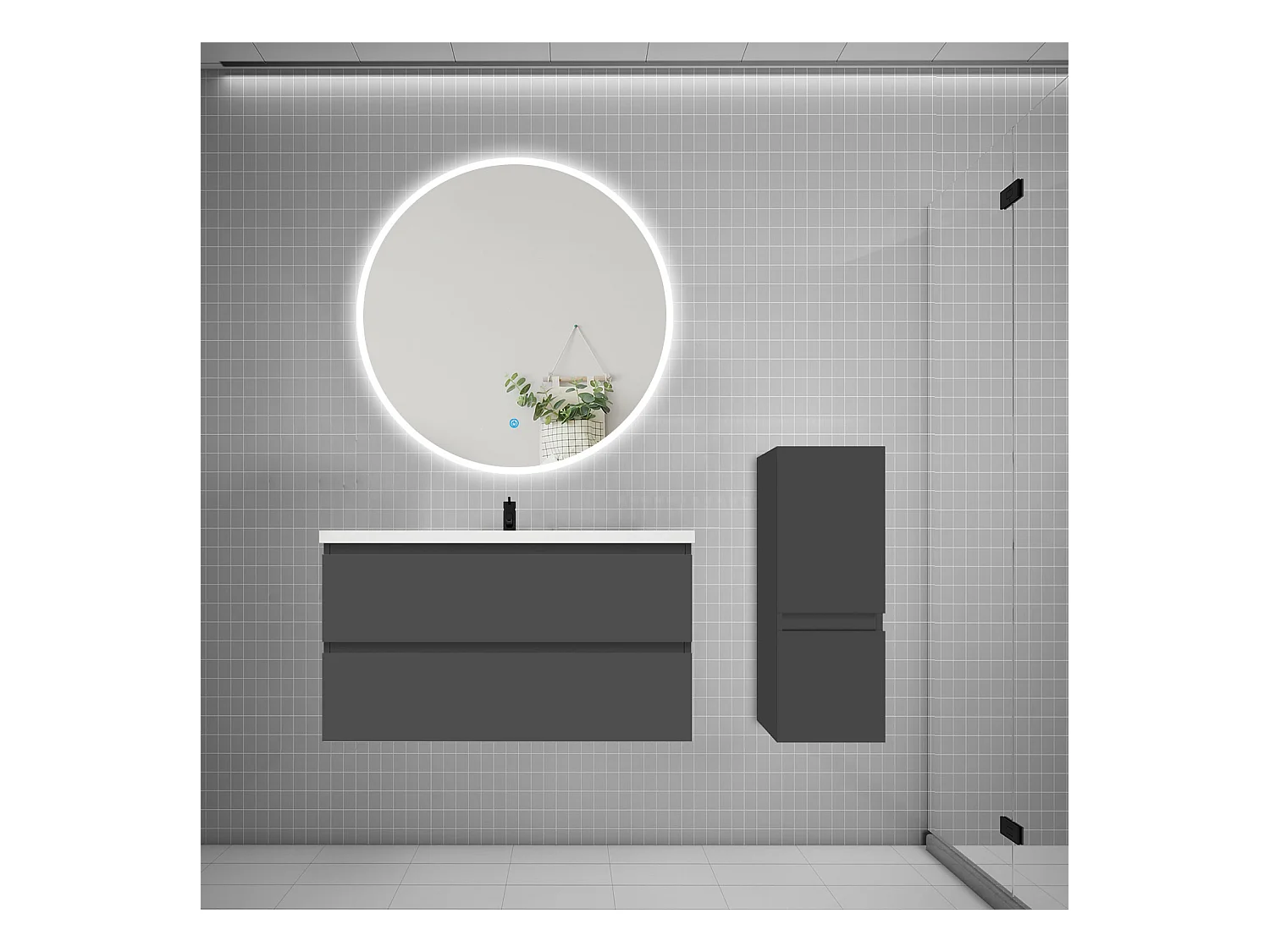 AICA Ensemble meuble de salle de bain Vasque L.99cm 2 tiroirs + lavabo + LED Miroir Rond 100cm + Colonne, Anthracite