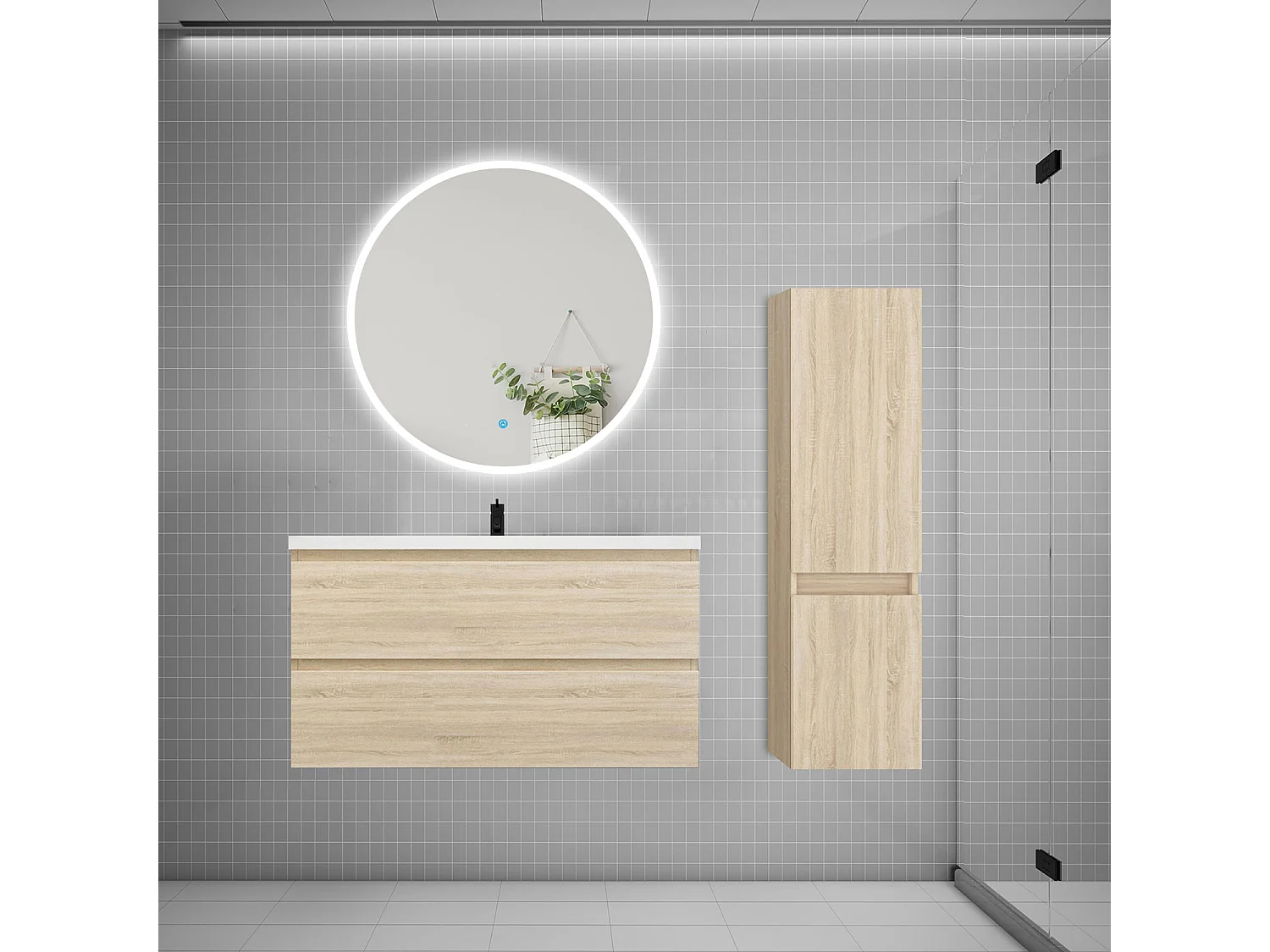 Ensemble meuble vasque L.99cm 2 tiroirs + lavabo + LED miroir rond 90cm + colonne C,chêne