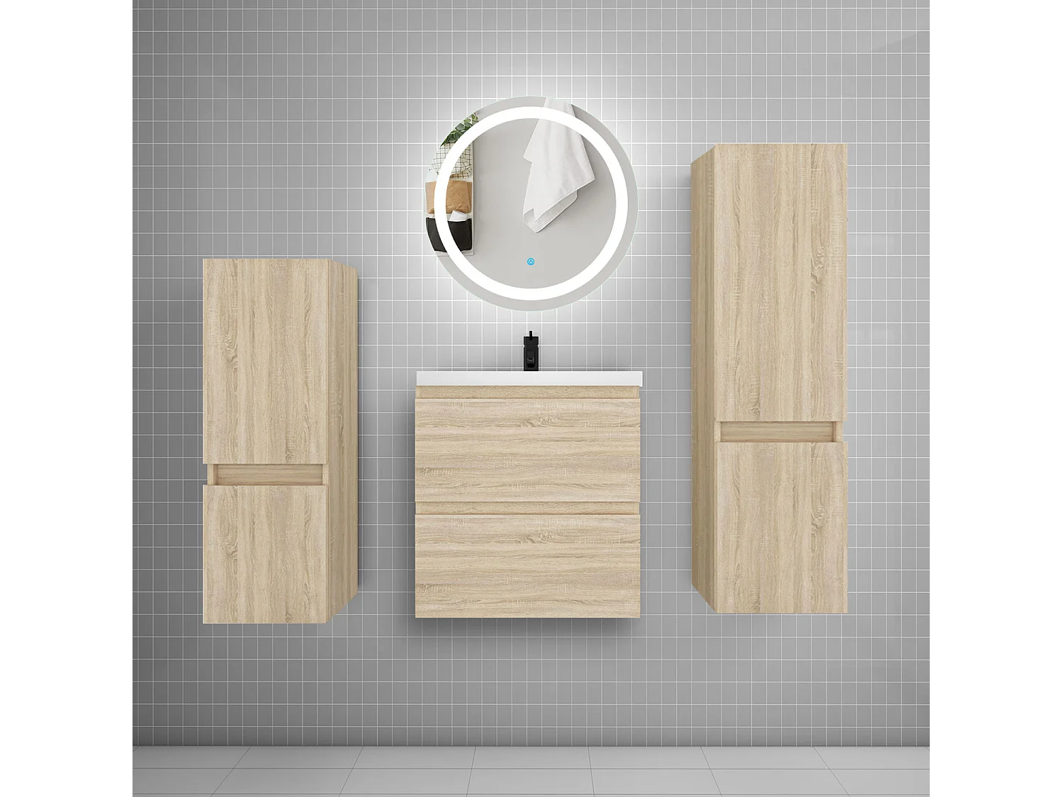 Ensemble meuble vasque L.50cm 2 tiroirs + lavabo + LED miroir 60cm + 2*colonne,chêne C