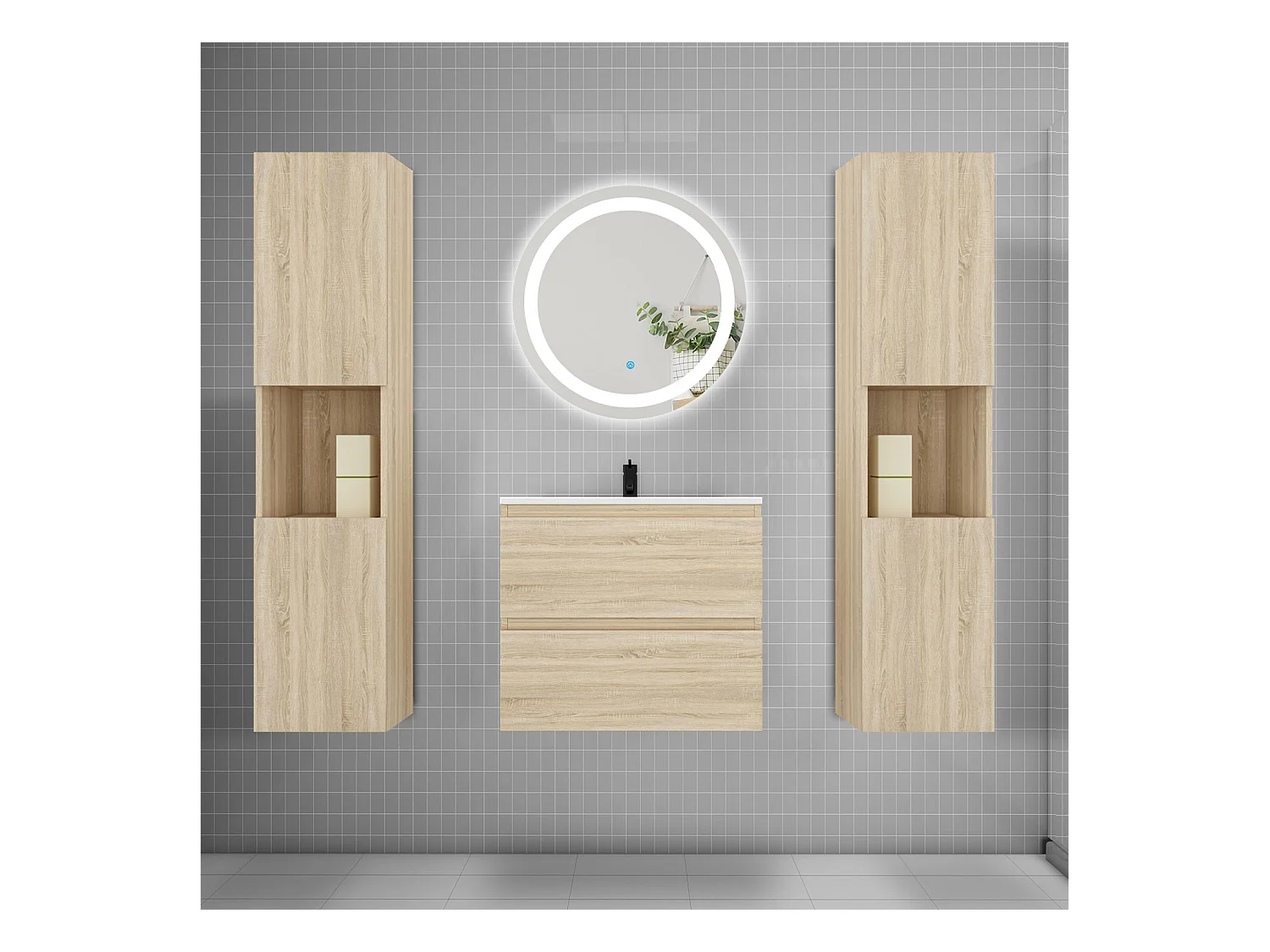 AICA Ensemble meuble de salle de bain Vasque 60cm + 2 tiroirs + lavabo + LED Miroir Rond 60cm + 2*Colonne, Chêne