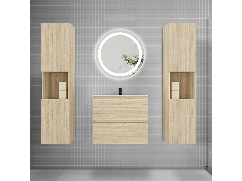 Ensemble meuble vasque L.60cm 2 tiroirs + lavabo + LED miroir rond 60cm + 2*colonne,chêne easy