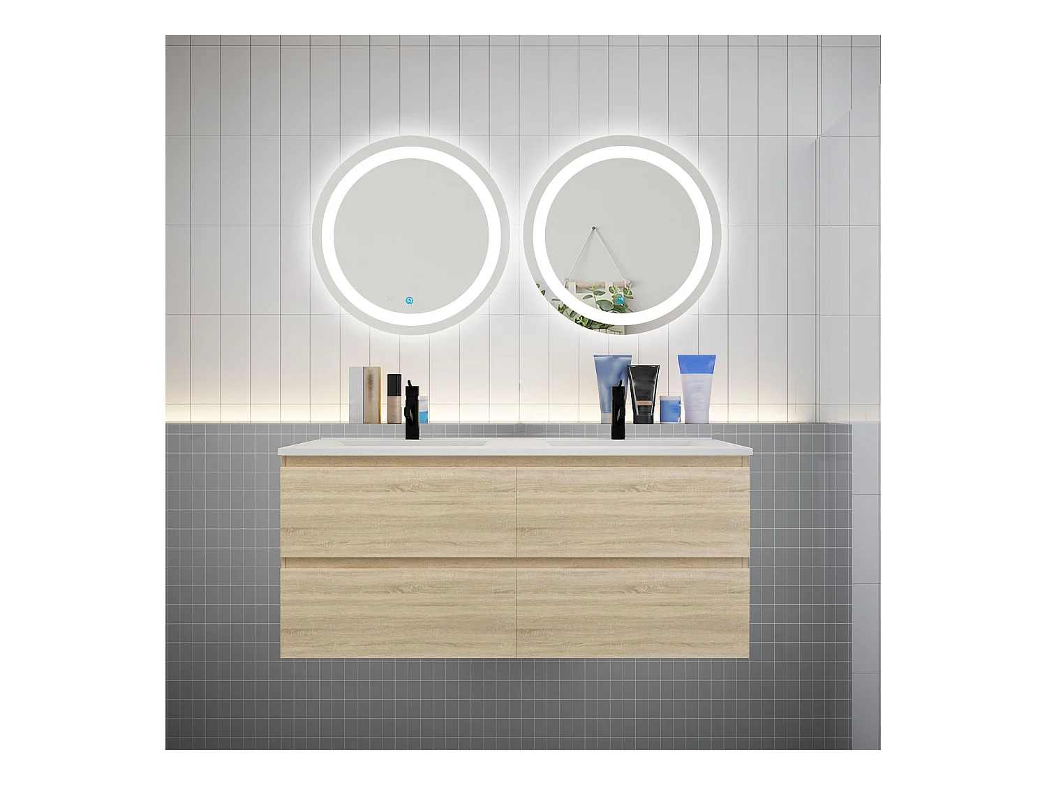 AICA Ensemble meuble de salle de bain double Vasque 120cm + 4 tiroirs + lavabo + 2*LED Miroirs Rond 60cm, Chêne