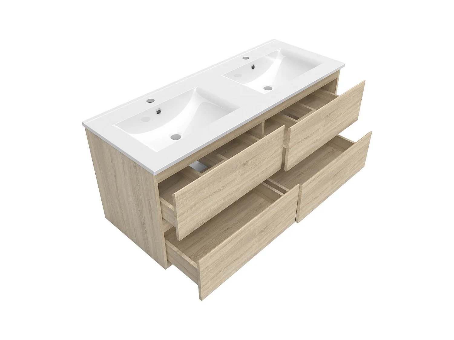 AICA Ensemble meuble de salle de bain double Vasque 120cm + 4 tiroirs + lavabo + 2*LED Miroirs Rond 60cm, Chêne