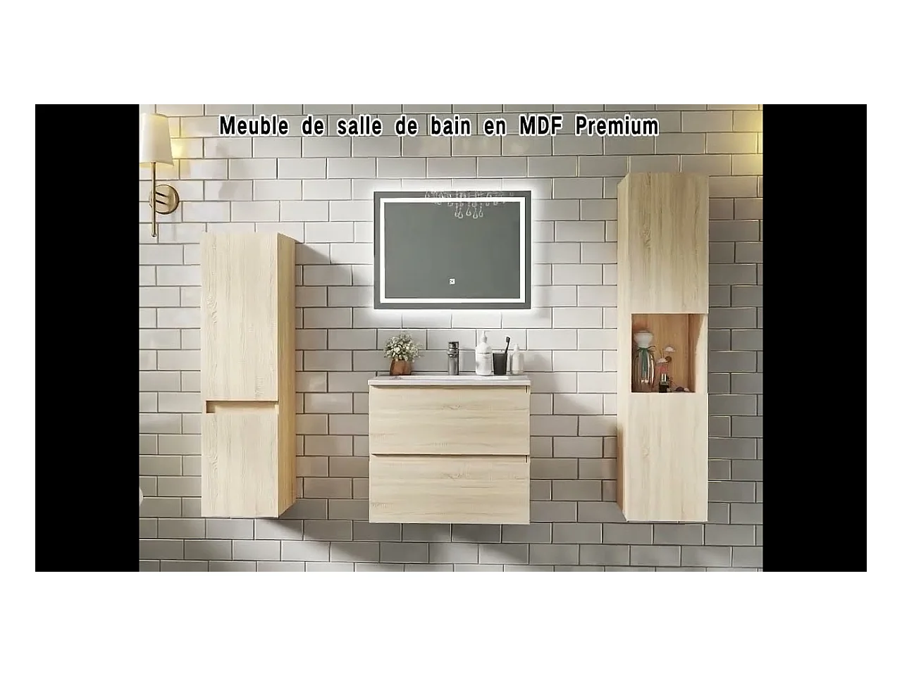 AICA Ensemble meuble de salle de bain Vasque 50cm avec 2 tiroirs + lavabo + LED Miroir Rond 60cm + Colonne, Anthracite