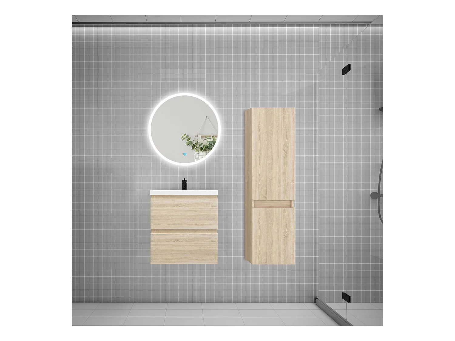 AICA Ensemble meuble de salle de bain Vasque 50cm avec 2 tiroirs + lavabo + LED Miroir Rond 60cm + Colonne, Anthracite