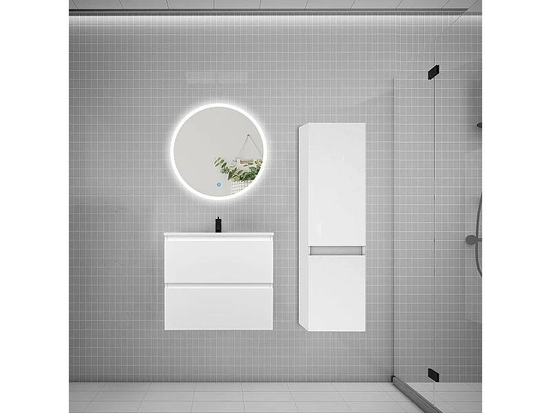 AICA Ensemble meuble de salle de bain Vasque L.60cm 2 tiroirs + lavabo + LED Miroir Rond 60cm + Colonne,Blanc