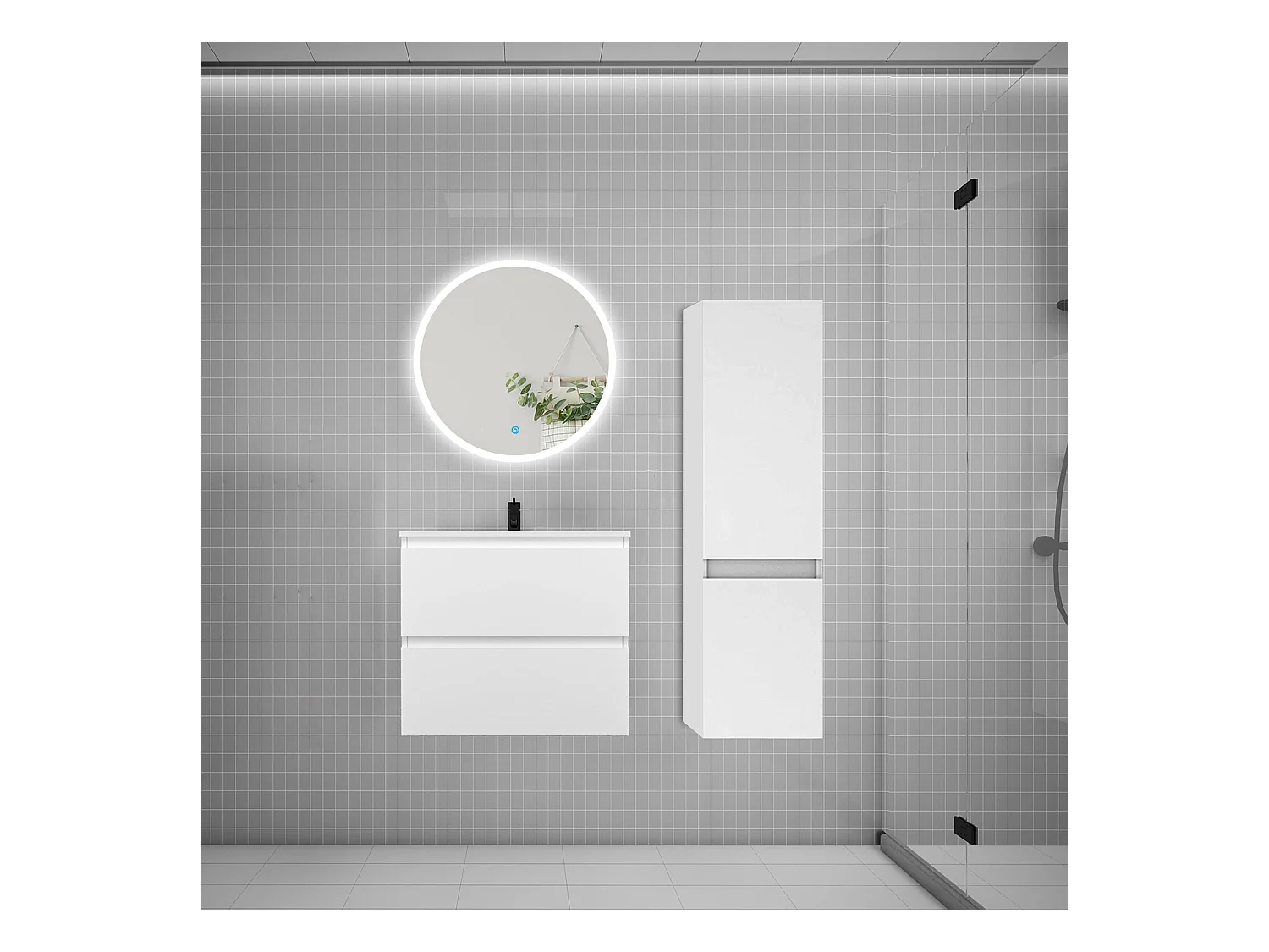 AICA Ensemble meuble de salle de bain Vasque L.60cm 2 tiroirs + lavabo + LED Miroir Rond 60cm + Colonne,Blanc