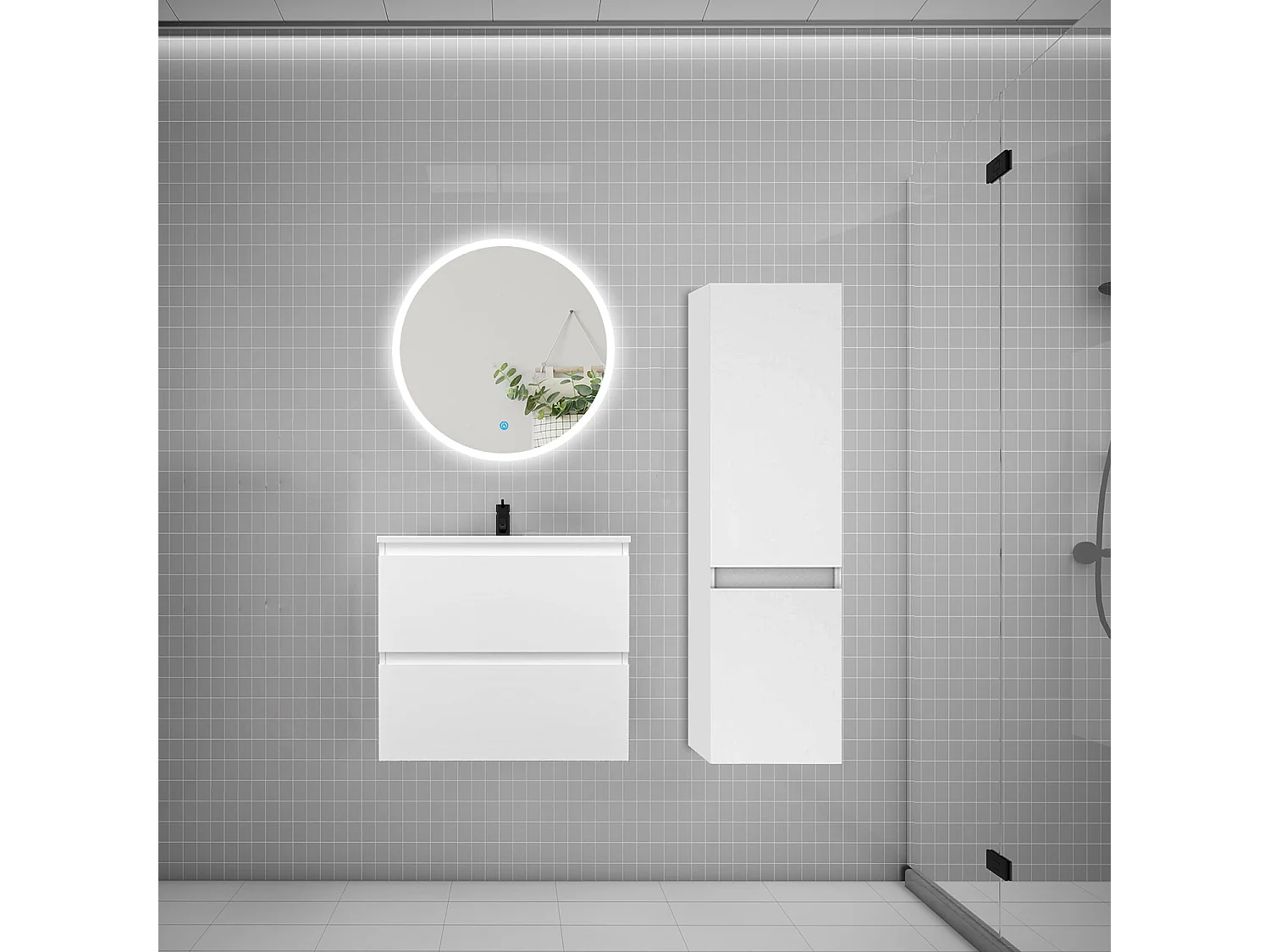 Ensemble meuble vasque L.60cm 2 tiroirs + lavabo + LED miroir rond 60cm + colonne A,blanc