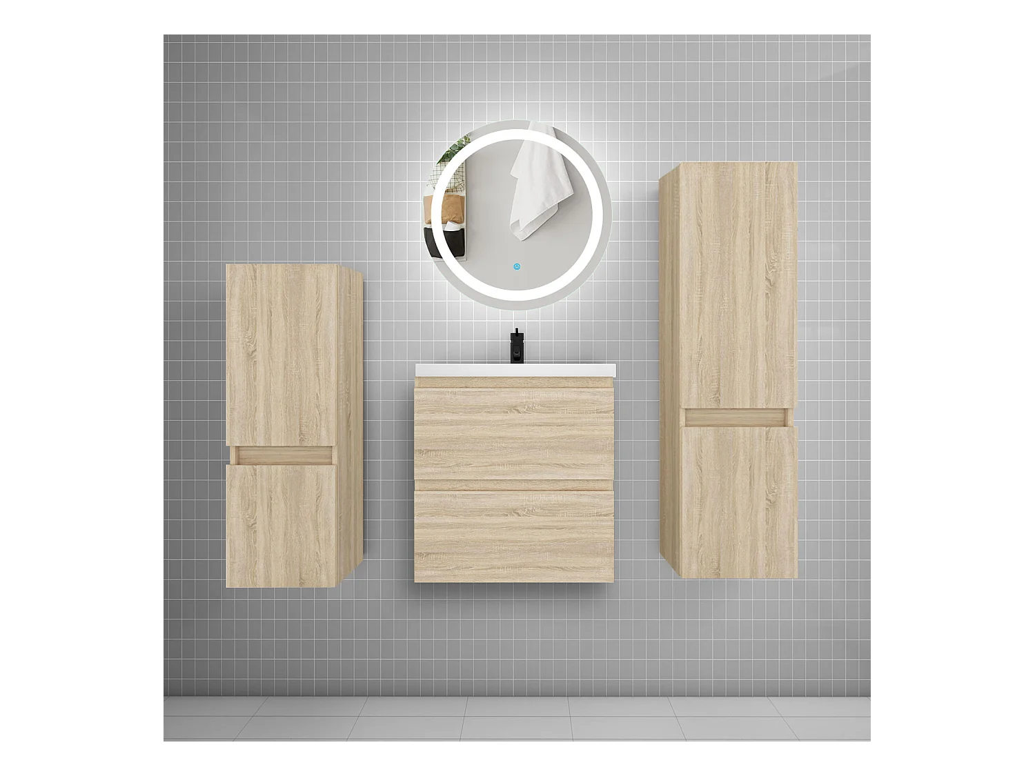 AICA Ensemble meuble de salle de bain Vasque 50cm + 2 tiroirs + lavabo + LED Miroir 60cm + 2*Colonne, Blanc