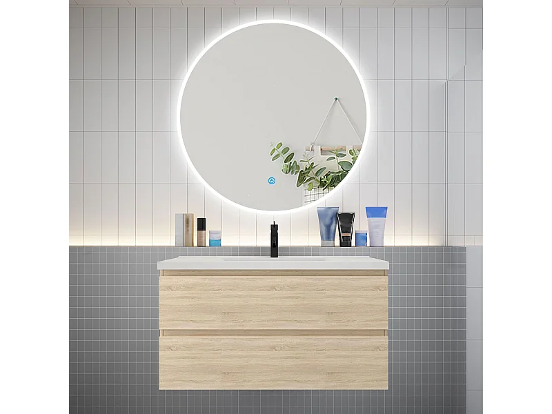 AICA Ensemble meuble de salle de bain Vasque L.99cm 2 tiroirs + lavabo + LED Miroir Rond 100cm, Chêne
