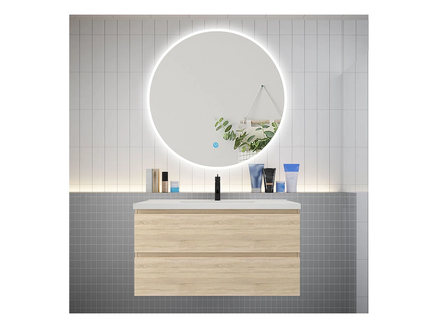 AICA Ensemble meuble de salle de bain Vasque L.99cm 2 tiroirs + lavabo + LED Miroir Rond 100cm, Chêne