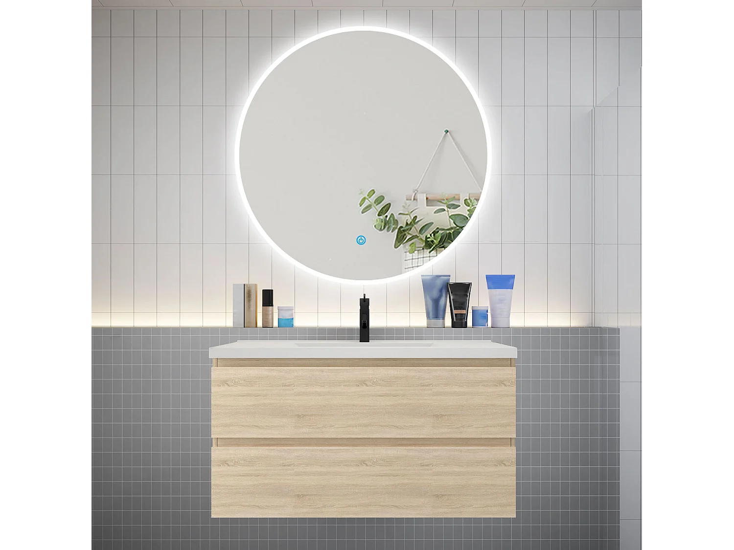 Ensemble meuble vasque L.99cm 2 tiroirs + lavabo + LED miroir rond 100cm,chêne，easy