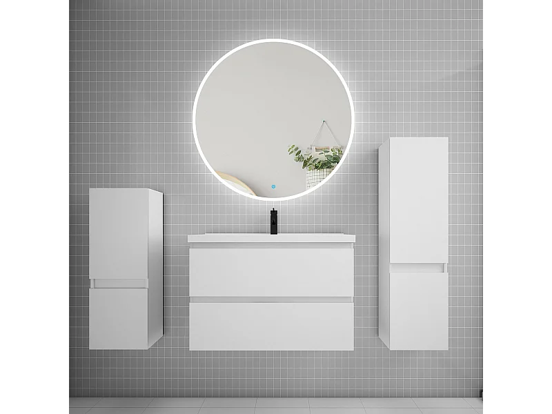 AICA Ensemble meuble de salle de bain Vasque L.79cm 2 tiroirs + lavabo + LED Miroir Rond 90cm + 2*Colonne,Blanc